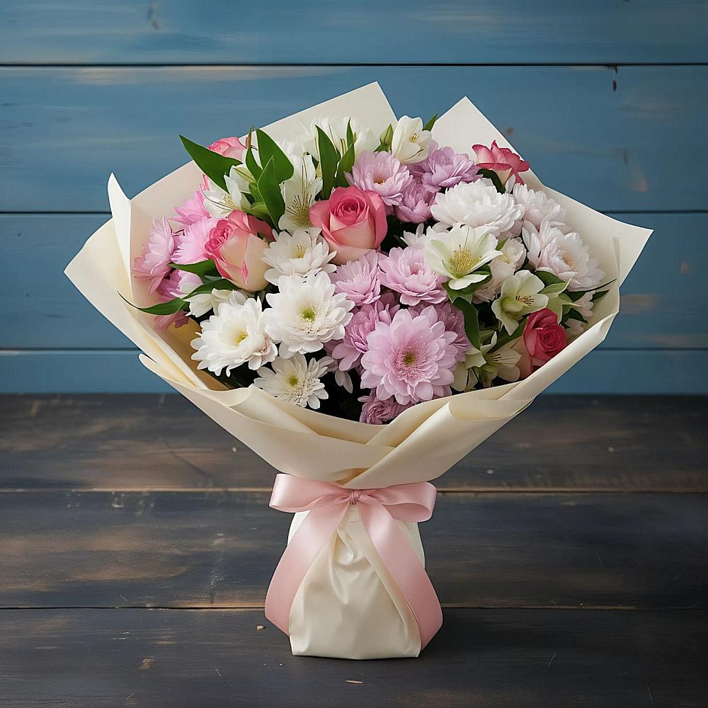 Букет цветов из: Хризантемы, Альстромерии и Розы в Нижнекабанской